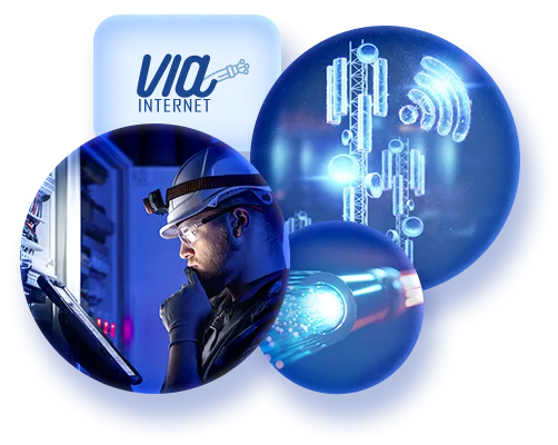 Técnico da Via Internet operando equipamentos de rede, com torre de transmissão e fibra óptica